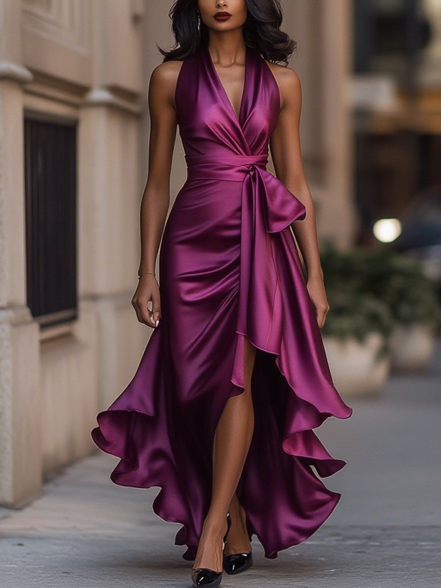 Vestido Longo Midnight Elegance em Cetim com Gola Halter e Babados