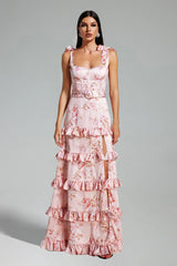 Vestido Rosa Plissado em Camadas