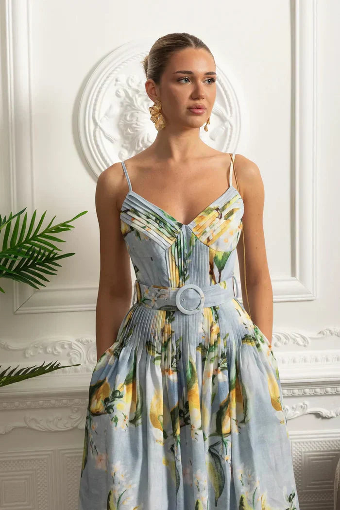 Vestido Floral Azul Saia A-Line