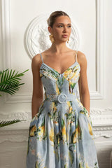 Vestido Floral Azul Saia A-Line