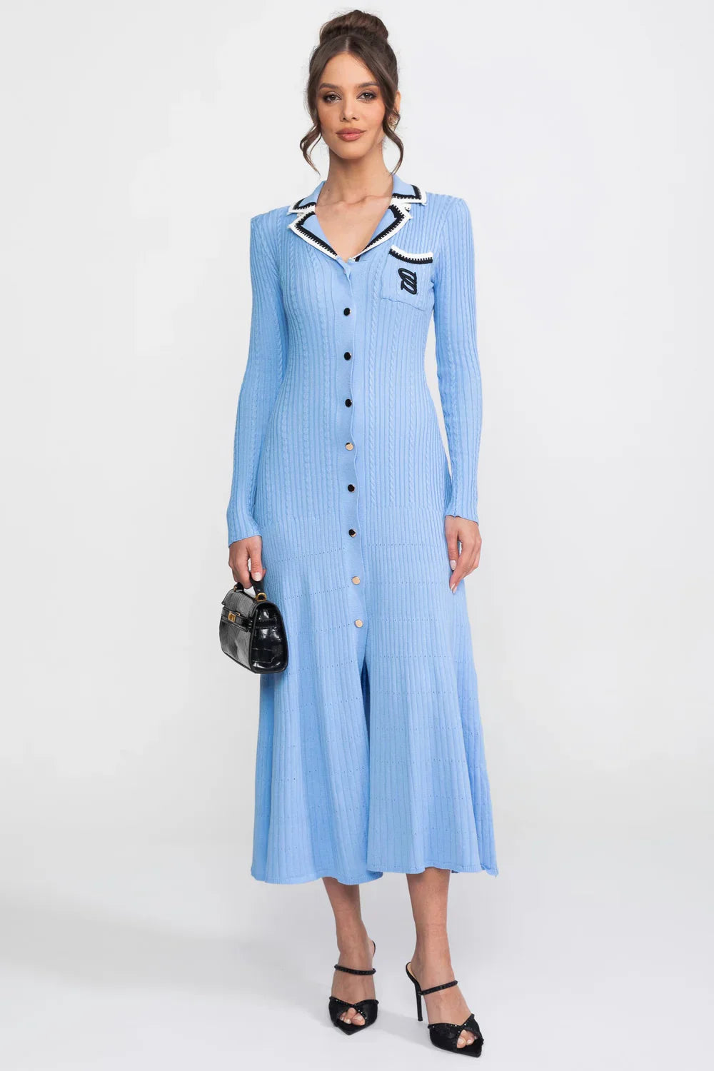 Vestido Longo em Tricô Canelado com Gola Polo e Mangas Alinhadas