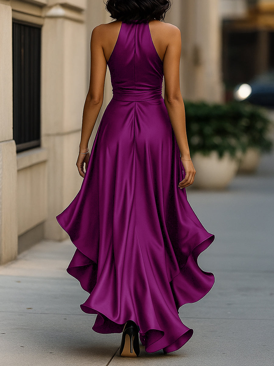 Vestido Longo Midnight Elegance em Cetim com Gola Halter e Babados