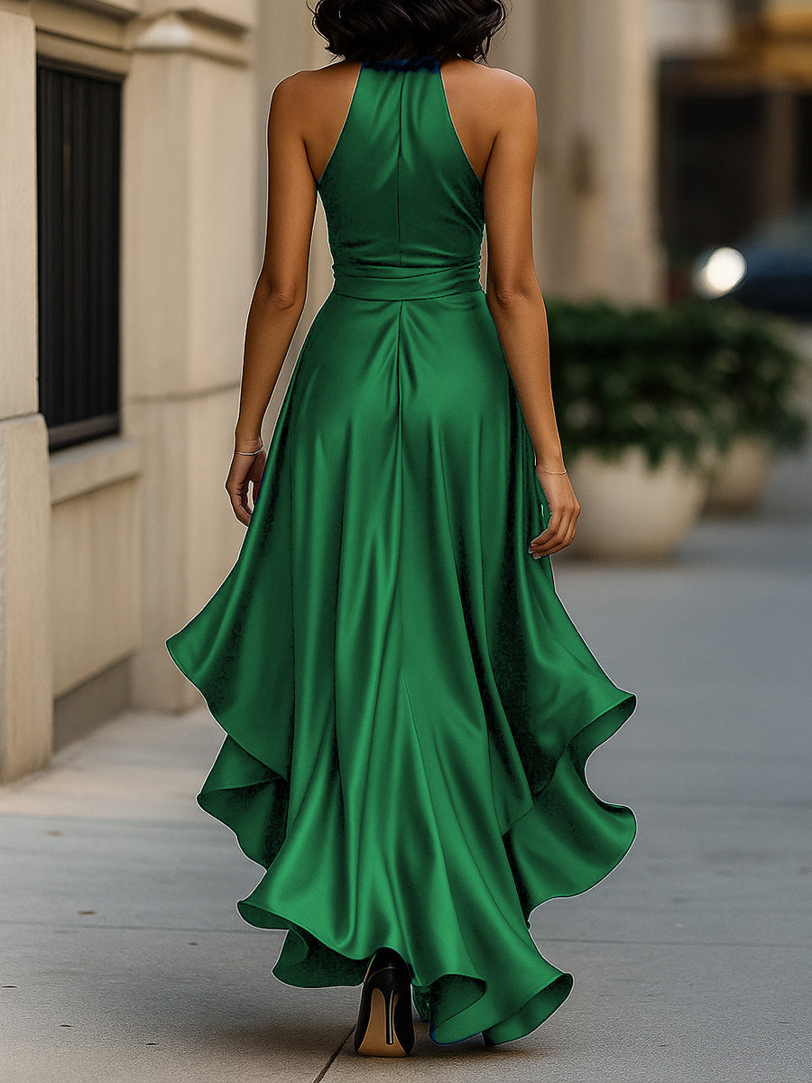 Vestido Longo Midnight Elegance em Cetim com Gola Halter e Babados