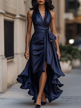Vestido Longo Midnight Elegance em Cetim com Gola Halter e Babados