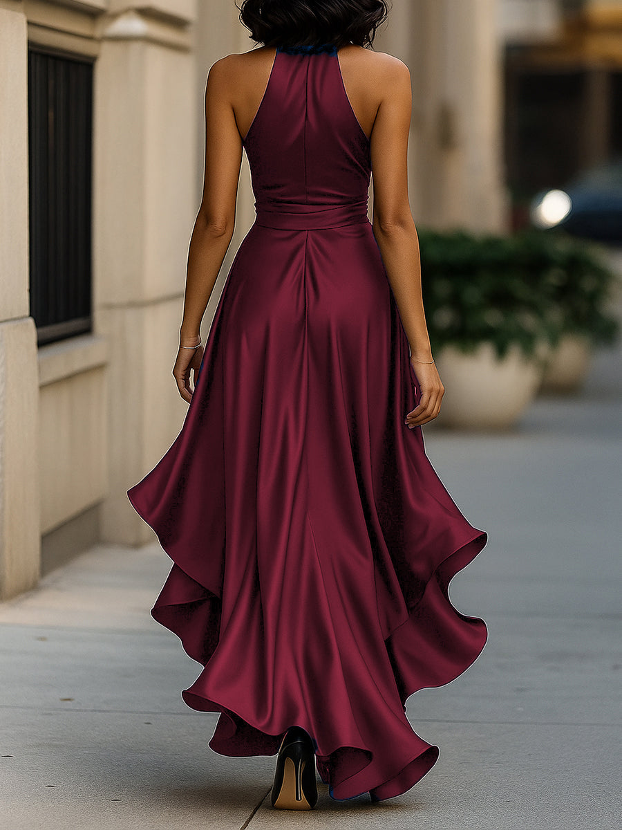 Vestido Longo Midnight Elegance em Cetim com Gola Halter e Babados