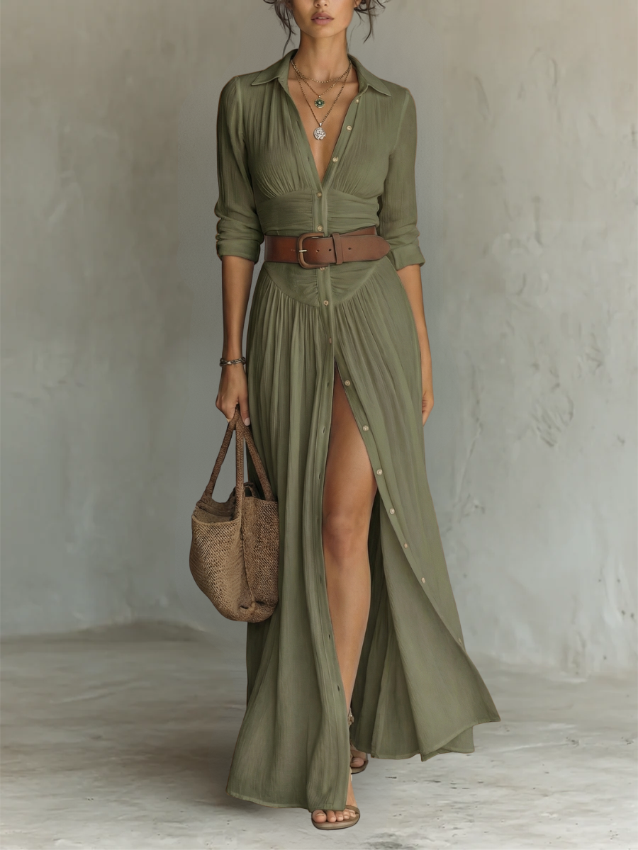 Valentina™ – Vestido Longo Feminino com Decote em V e Fenda