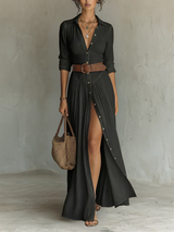 Valentina™ – Vestido Longo Feminino com Decote em V e Fenda
