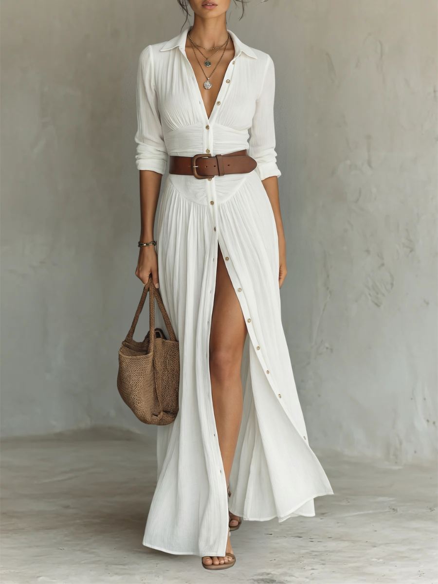 Valentina™ – Vestido Longo Feminino com Decote em V e Fenda