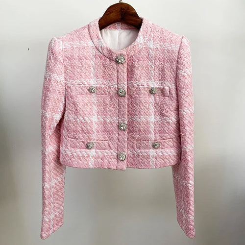 Blazer Curto de Tweed Rosa: Elegância em Tons Pastéis e Acabamento de Luxo