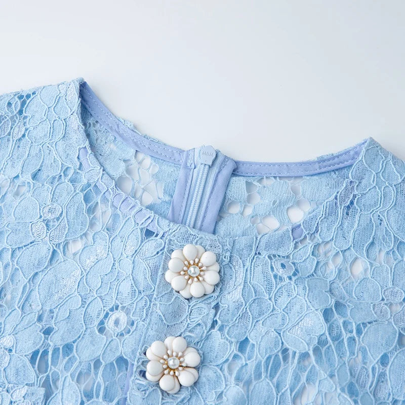 Vestido Azul Renda com Botões