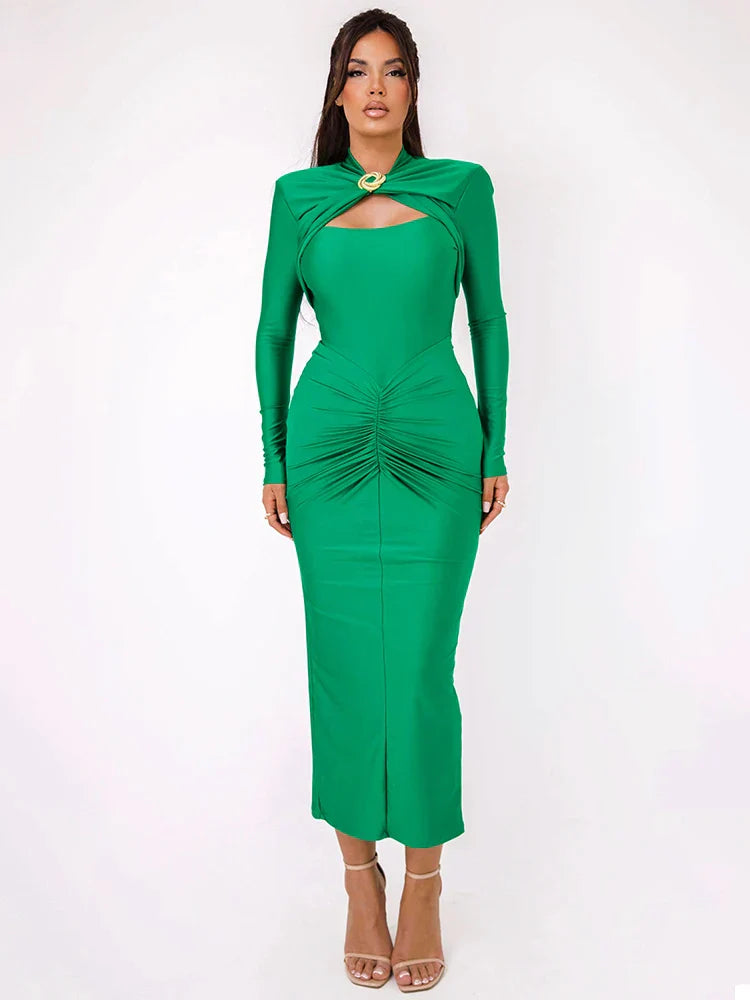 Vestido Maxi Sexy com Fivela de Metal