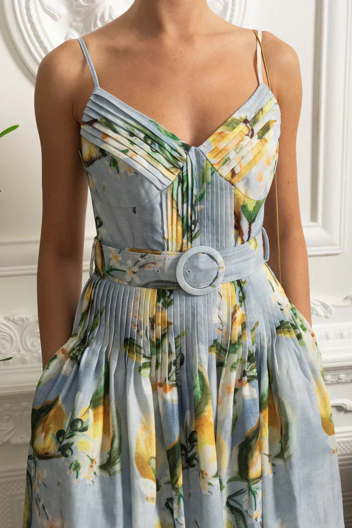 Vestido Floral Azul Saia A-Line