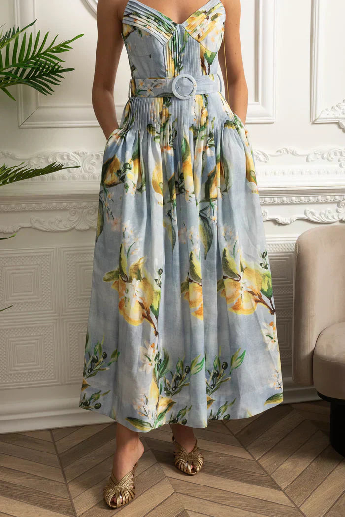 Vestido Floral Azul Saia A-Line