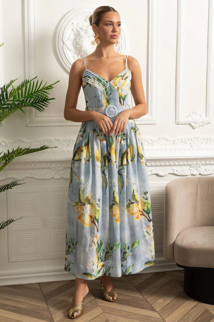 Vestido Floral Azul Saia A-Line