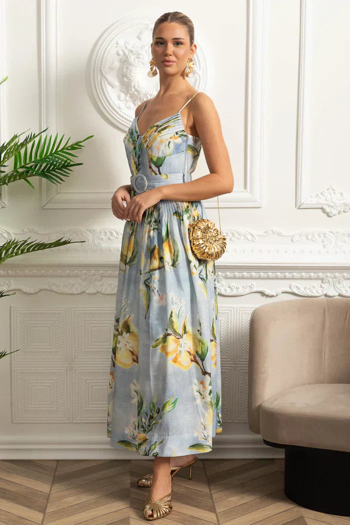 Vestido Floral Azul Saia A-Line