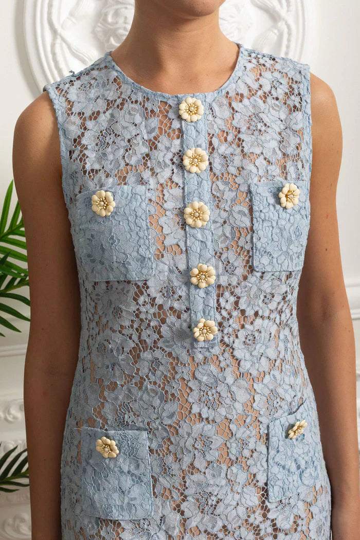 Vestido Azul Renda com Botões