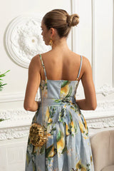 Vestido Floral Azul Saia A-Line