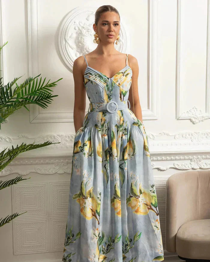 Vestido Floral Azul Saia A-Line