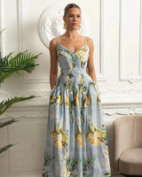 Vestido Floral Azul Saia A-Line