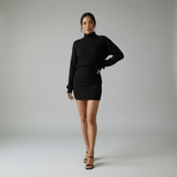 Vestido de Tricô Canelado com Gola Alta e Manga Longa