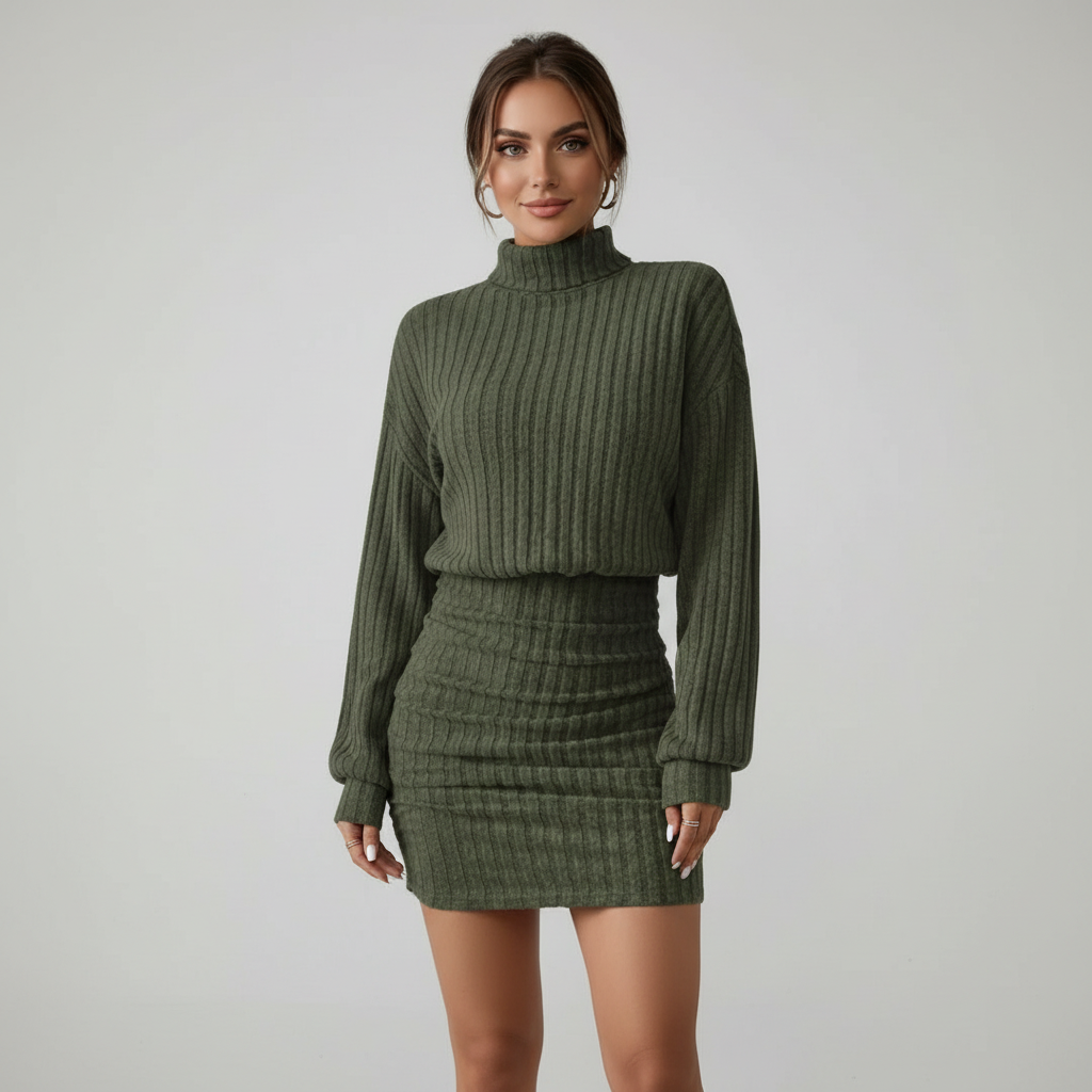 Vestido de Tricô Canelado com Gola Alta e Manga Longa