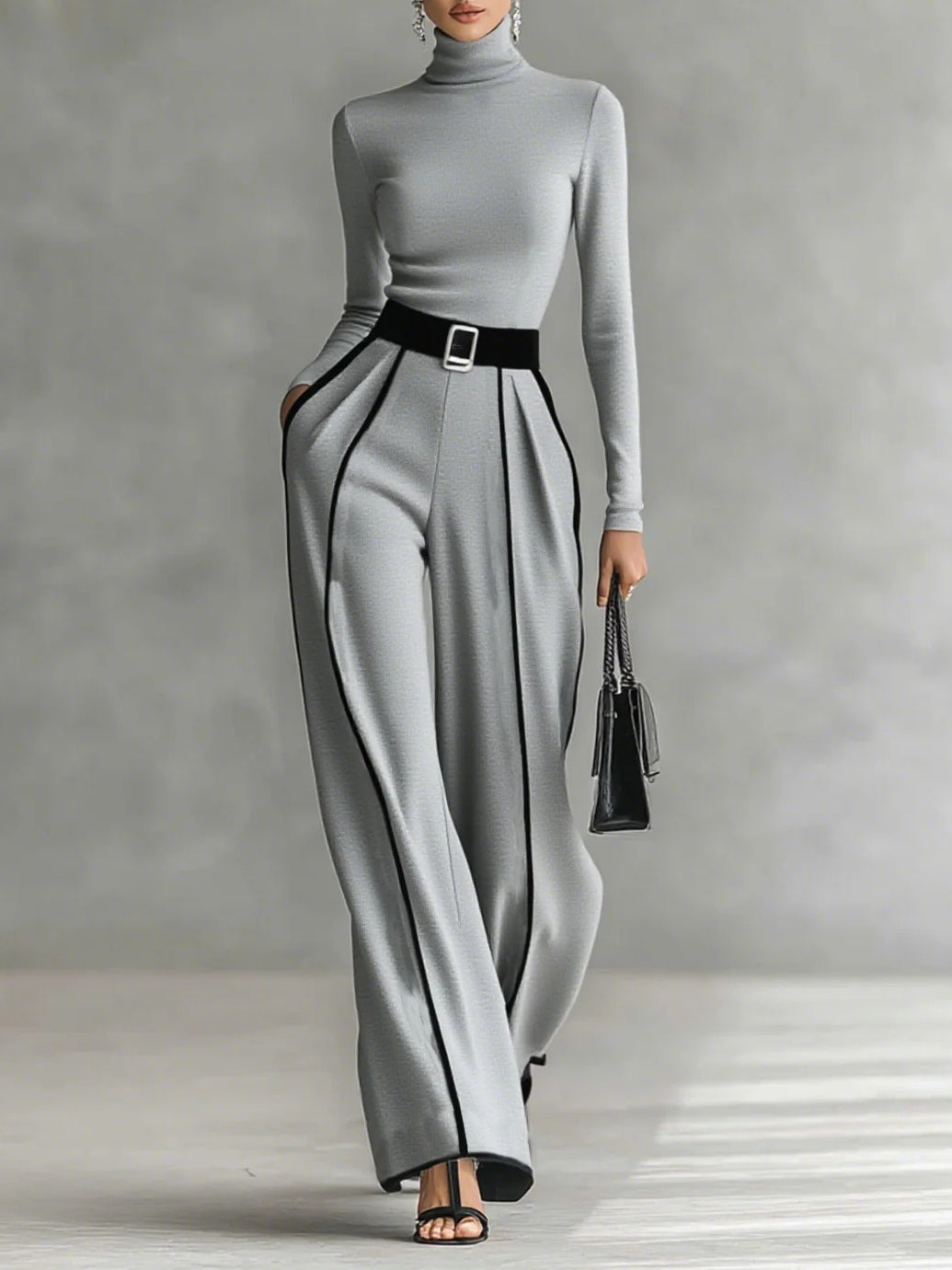 Conjunto de Top Gola Alta e Manga Longa com Debrum Branco, Calça Pantalona e Cinto