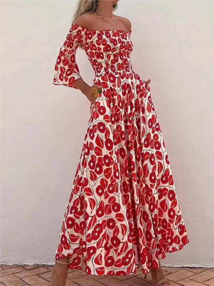 Vestido Longo Floral com Decote Ombro a Ombro e Bolsos