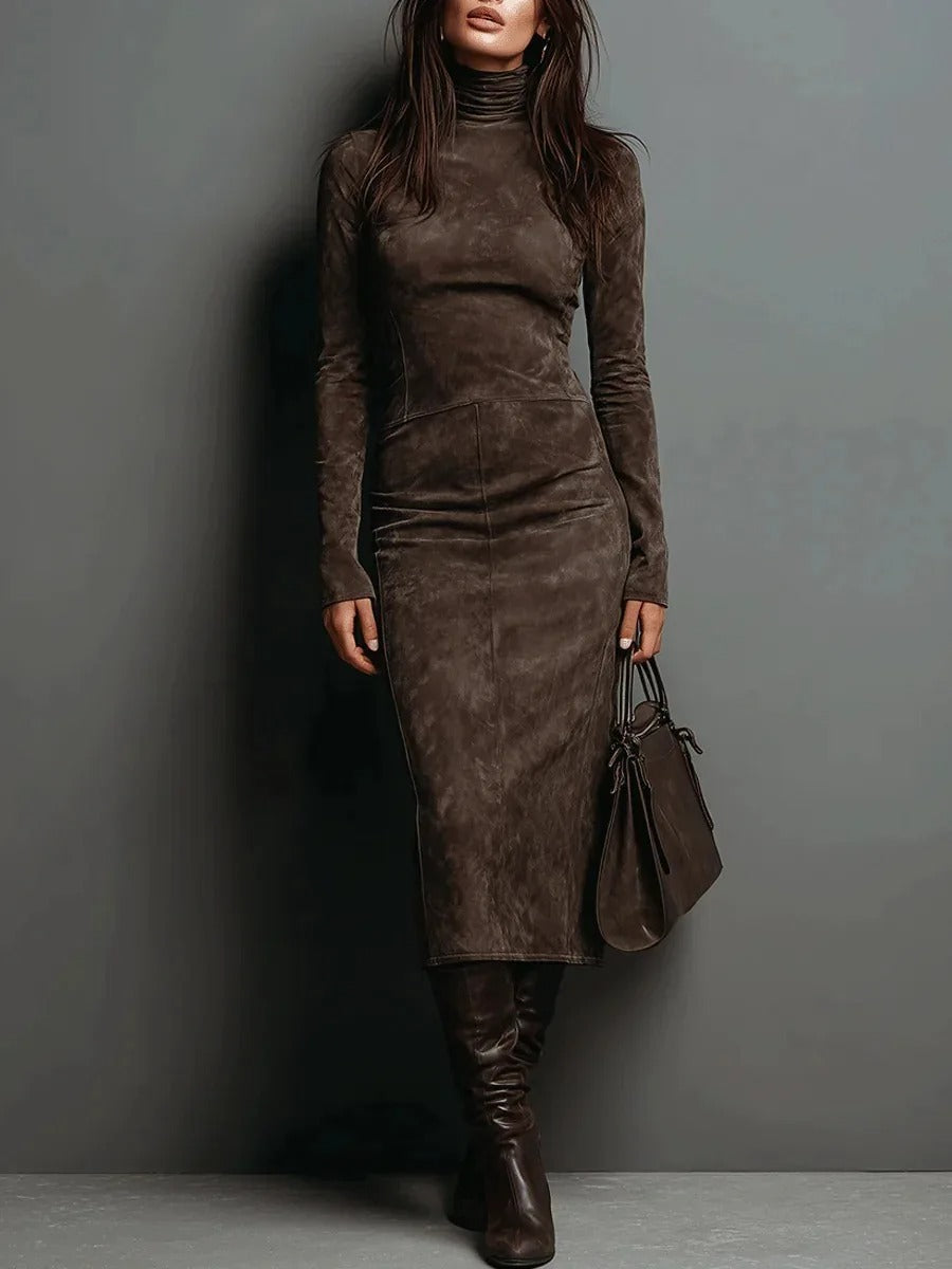Helena™ – Vestido Midi Feminino com Gola Alta, Manga Longa e Modelagem Ajustada