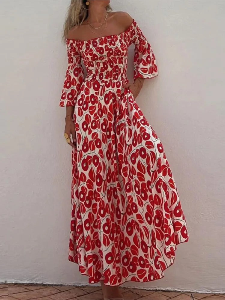Vestido Longo Floral com Decote Ombro a Ombro e Bolsos