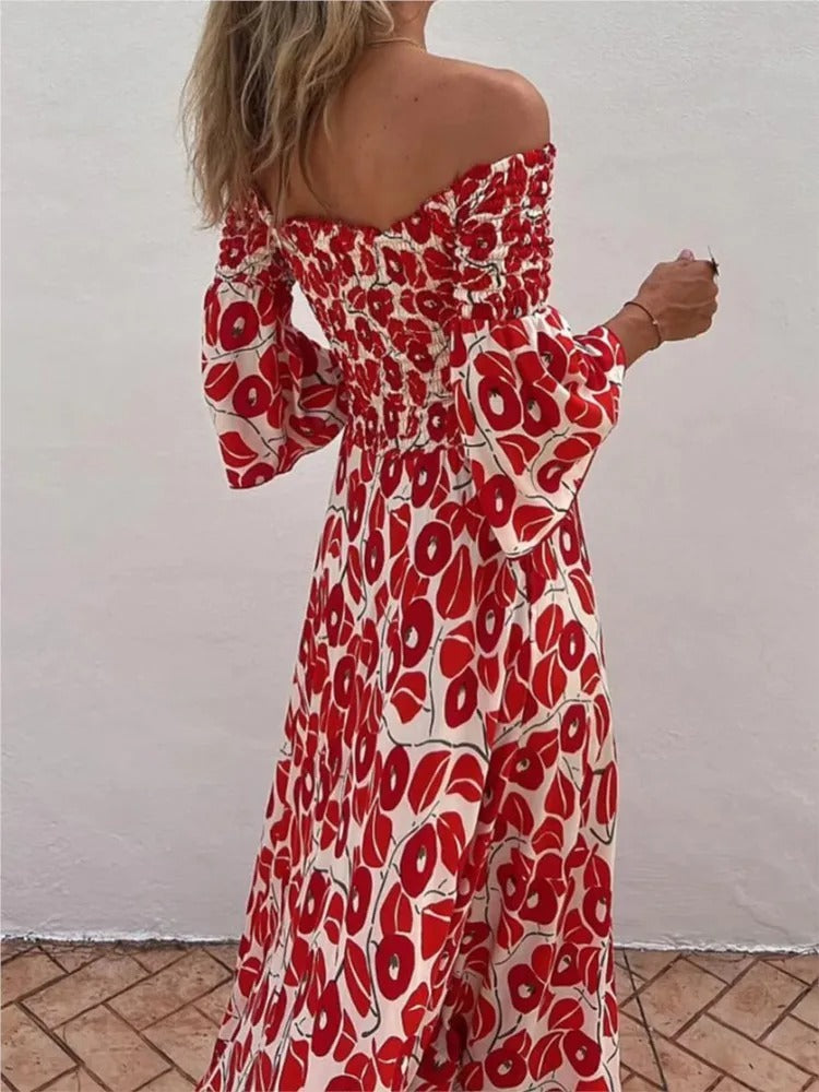 Vestido Longo Floral com Decote Ombro a Ombro e Bolsos