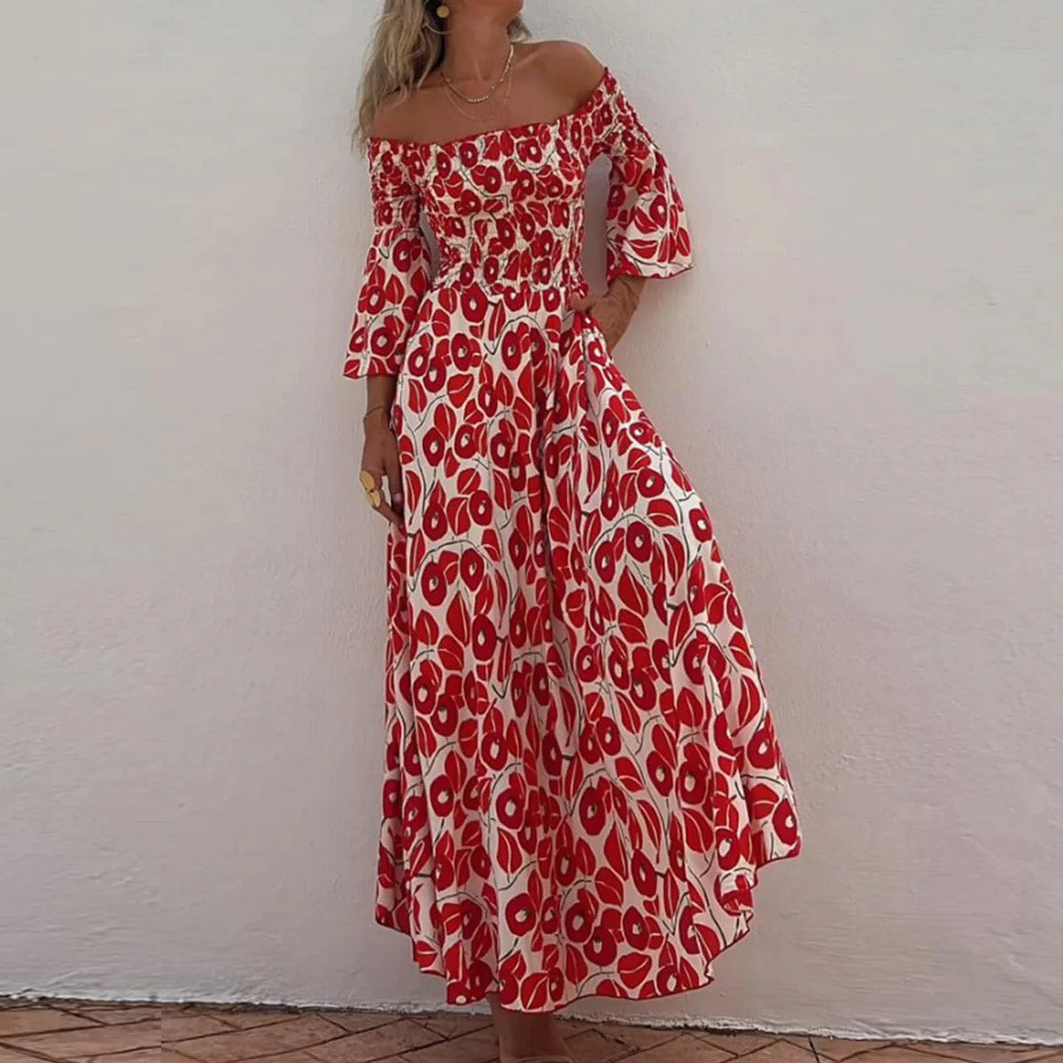 Vestido Longo Floral com Decote Ombro a Ombro e Bolsos