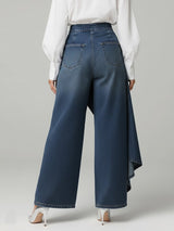 Calça Jeans Wide Leg com Transpasse Assimétrico e Cintura Alta