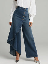 Calça Jeans Wide Leg com Transpasse Assimétrico e Cintura Alta